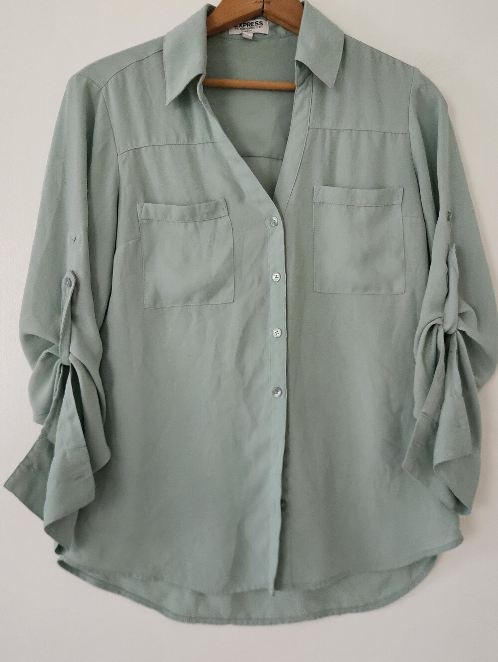 Express Portofino Womens Shirt S Slim Fit Green Office Pockets Sage Office Work